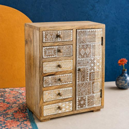 Mini Storage Chest Mango Wood Ethnic Pattern 26 × 15 × 32 cm