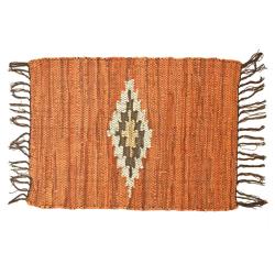 Rag rug recycled leather handmade Aztec brown 60x90cm