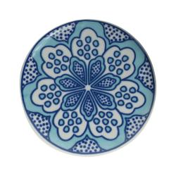 Single round ceramic coaster floral light blue on blue