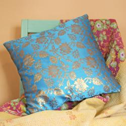 Turquoise cushion cover with recycled brocade fabric 40 x 40 cm  