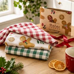 3 Christmas Tea Towels Gift Set Gingerbread Recycled Cotton
