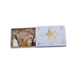 Nativity in a Matchbox, 5 Ceramic Pieces in White & Gold Box