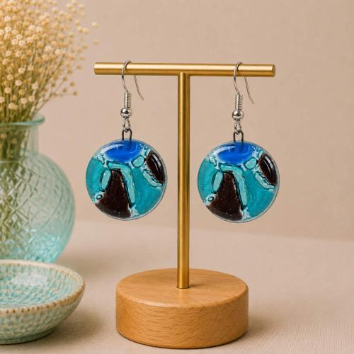 Earrings, glass round blue and black 2cm diameter