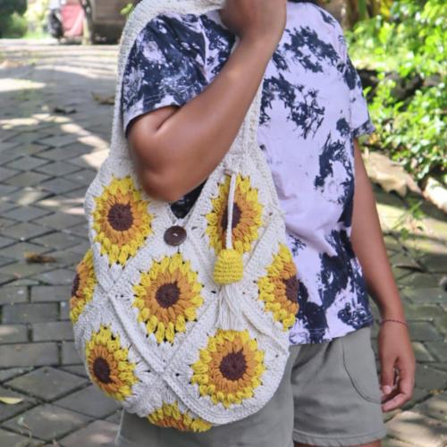 Shoulder / Tote Bag Crochet Yellow Brown Flowers 34 x 60cm