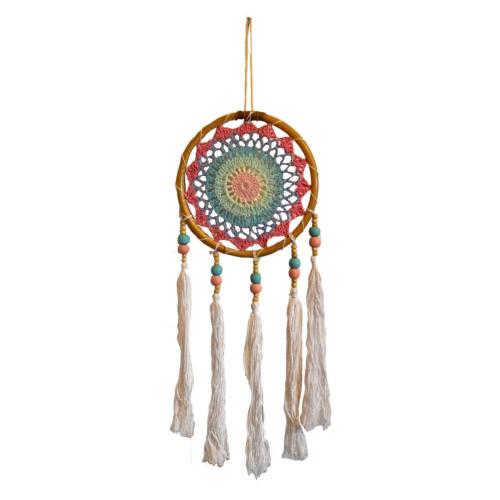 Dreamcatcher on bamboo frame, white tassels, pink turquoise yellow inner, diameter 17cm