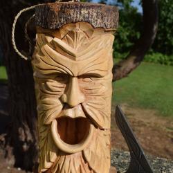 Hanging bird house, carved jempinis wood Green Man 30cm