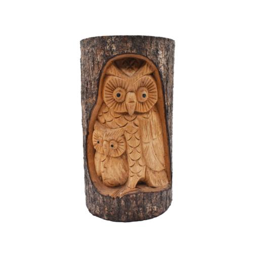 Owl and baby jempinis wood carving 25cm