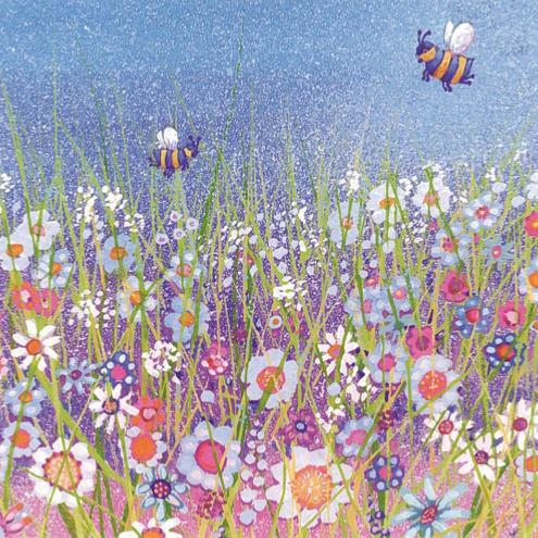 Greetings card bees in meadow 16x16cm
