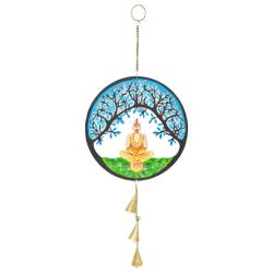 Hanging Windchime Metal Buddha under Tree Blue 20cm diameter