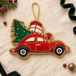 Hanging Decoration Embroidered Christmas Car with Tree