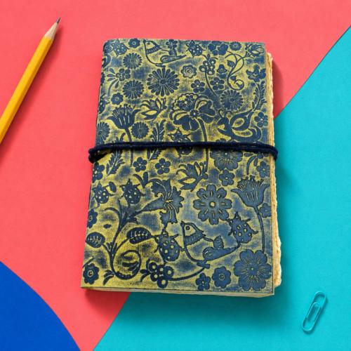 Notebook Leather Bound Floral Yellow 13 x 18cm