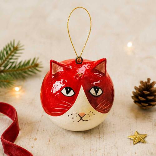 Cat Hanging Decoration Papier Mâché Red 5cm