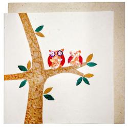 Handmade card, 2 owls in tree 12x12cm