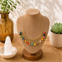 Necklace Recycled Textile Beads Multicoloured and Metal Pointers