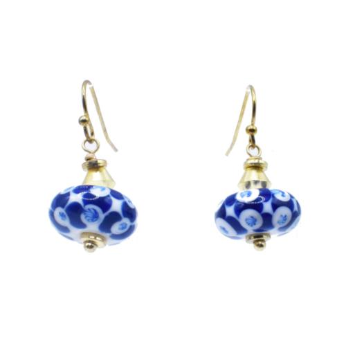 Earrings Ceramic Round Floral Blue