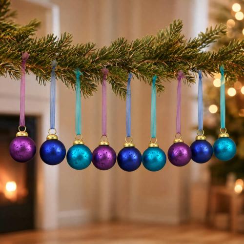 Box of 9 Glass Tree Decorations Round Blue Lilac Violet